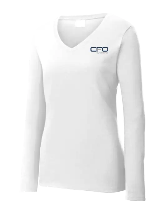 Womens  V-Neck Ring Spun White 4.5 oz Long Sleeve T-Shirt w/CFO Systems Logo