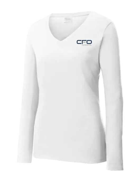 Womens  V-Neck Ring Spun White 4.5 oz Long Sleeve T-Shirt w/CFO Systems Logo