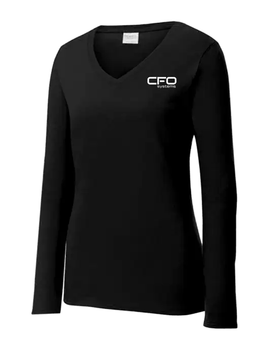 Womens V-Neck Ring Spun Jet Black 4.5 oz Long Sleeve T-Shirt w/CFO Systems Logo