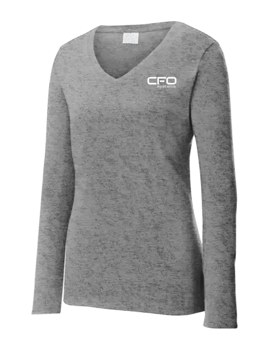Womens  V-Neck Ring Spun Grey Heather 4.5 oz Long Sleeve T-Shirt w/CFO Systems Logo