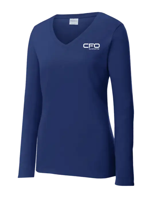 Womens  V-Neck Ring Spun Navy 4.5 oz Long Sleeve T-Shirt w/CFO Systems Logo