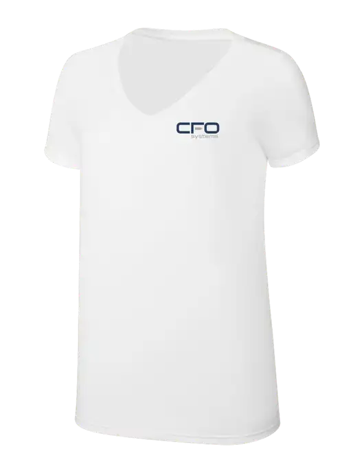 Womens Simply Soft V-Neck White 4.5oz  Poly/Combed Ring Spun Cotton T-Shirt w/CFO Systems Logo