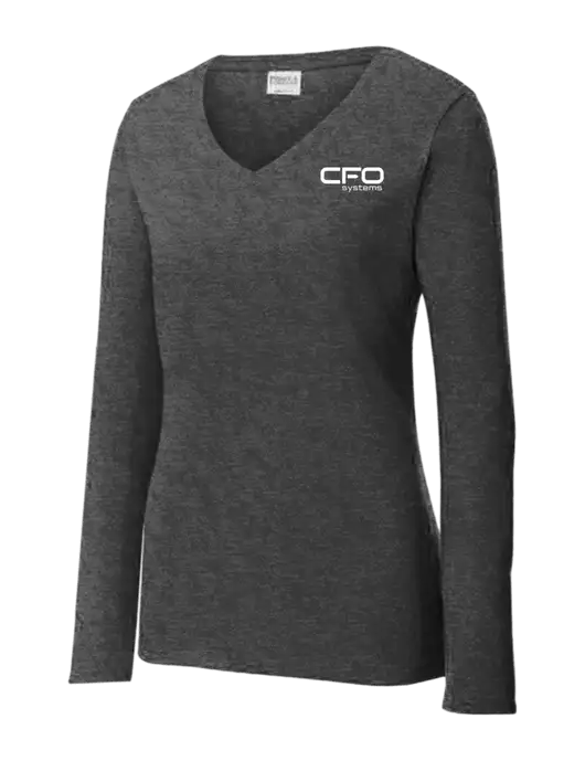 Womens  V-Neck Ring Spun Dark Heather Grey 4.5 oz Long Sleeve T-Shirt w/CFO Systems Logo