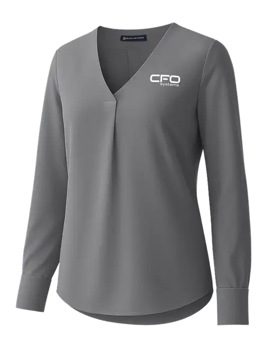 Brooks Brothers Womens Medium Grey Open-Neck Satin Blouse  w/CFO Systems Logo
