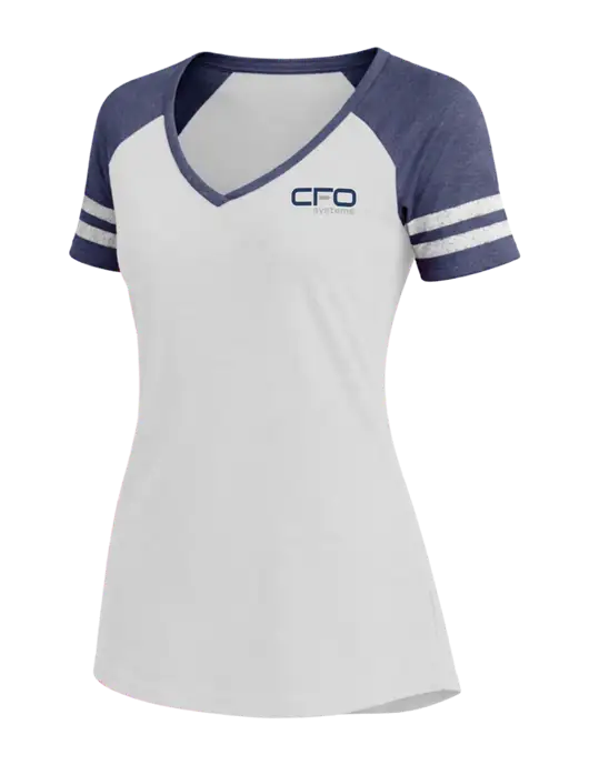 Womens White/Navy Heather V-Neck Game Tee w/CFO Systems Logo