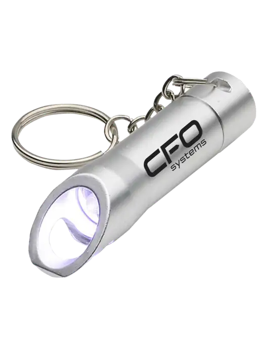 Silver Pocket LED Flashlight with Bottle Opener & Keychain w/CFO Systems Logo