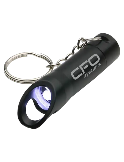 Black Pocket LED Flashlight with Bottle Opener & Keychain w/CFO Systems Logo