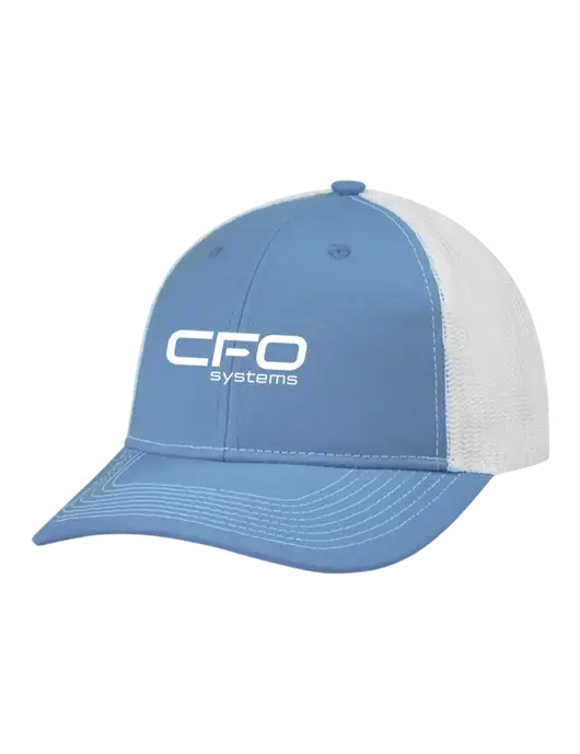 Snapback Ponytail Trucker Cap Carolina Blue w/White Mesh w/CFO Systems Logo