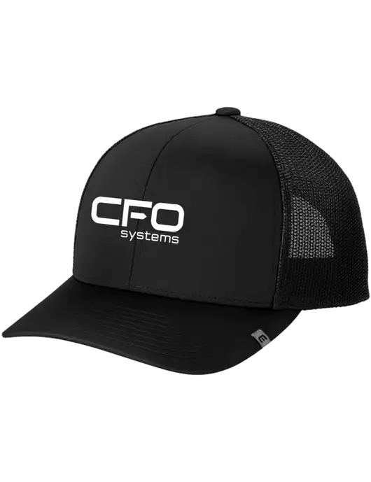 TravisMathew Black Cruz Trucker Cap w/CFO Systems Logo