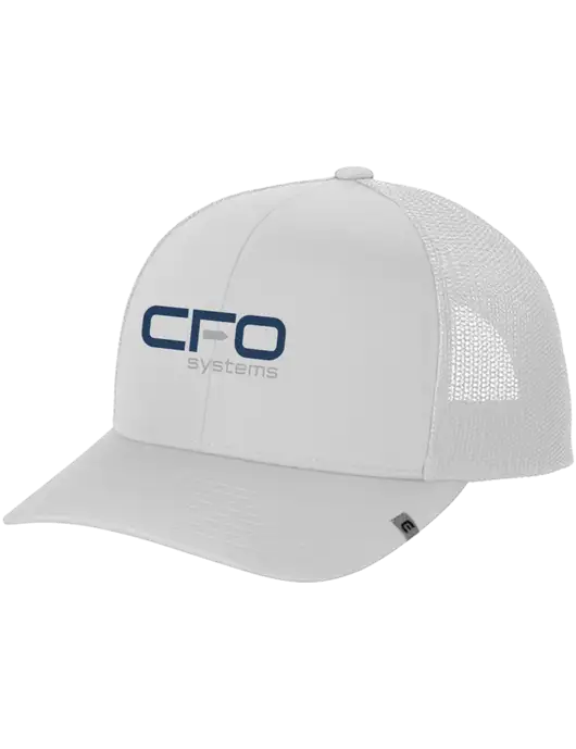 TravisMathew White Cruz Trucker Cap w/CFO Systems Logo