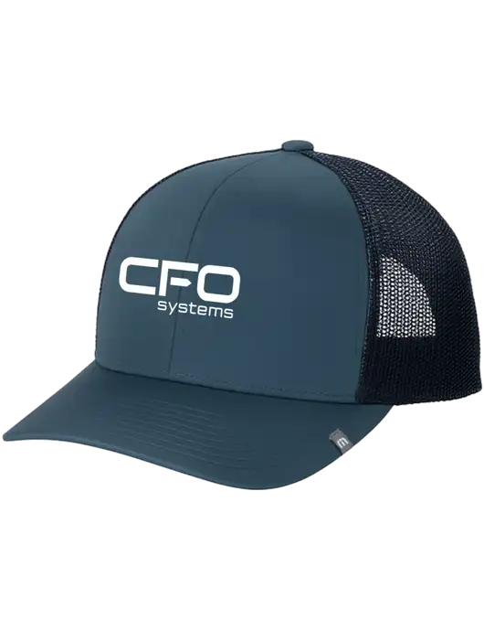 TravisMathew Dark Slate Blue Cruz Trucker Cap w/CFO Systems Logo