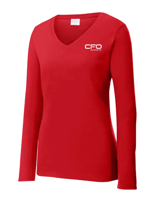 Womens  V-Neck Ring Spun Bright Red 4.5 oz Long Sleeve T-Shirt w/CFO Systems Logo