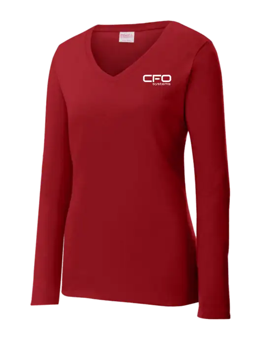 Womens V-Neck Ring Spun Cardinal 4.5 oz Long Sleeve T-Shirt w/CFO Systems Logo
