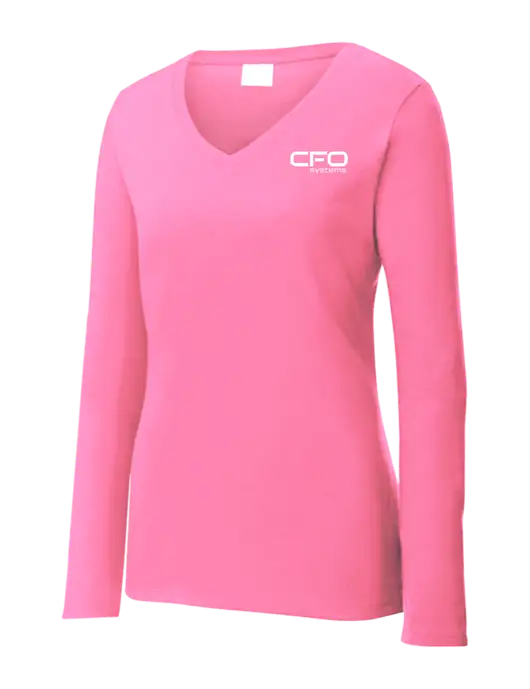 Womens  V-Neck Ring Spun Pink 4.5 oz Long Sleeve T-Shirt w/CFO Systems Logo