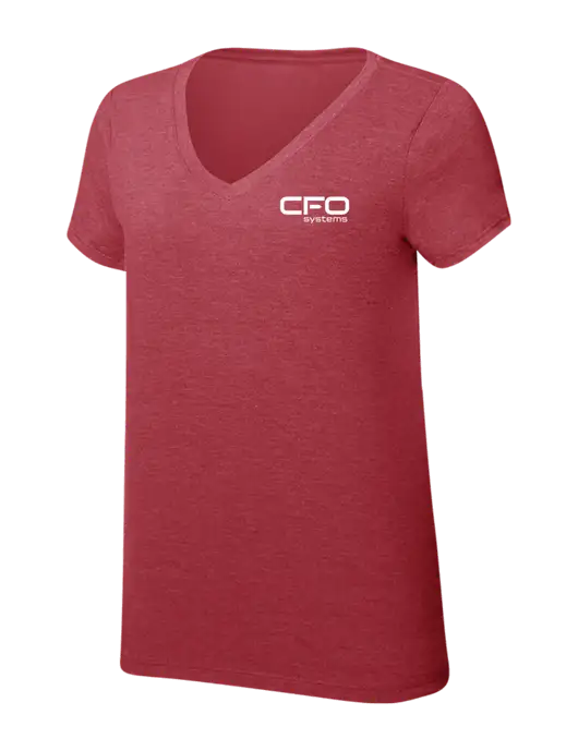Womens Simply Soft V-Neck Red Frost 4.5oz  Poly/Combed Ring Spun Cotton T-Shirt w/CFO Systems Logo