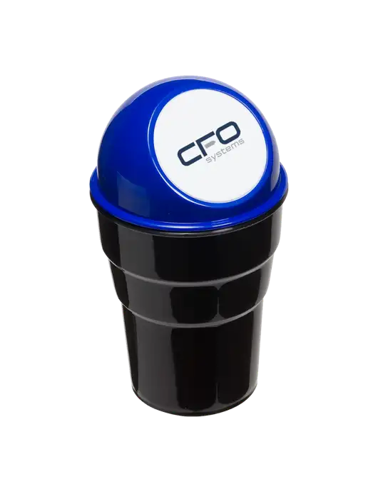 Blue Car Cup Holder Trash Can w/CFO Systems Logo
