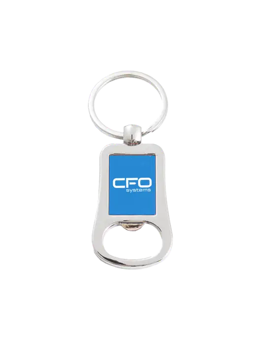 Silver & Blue Bottle Opener Keychain w/CFO Systems Logo