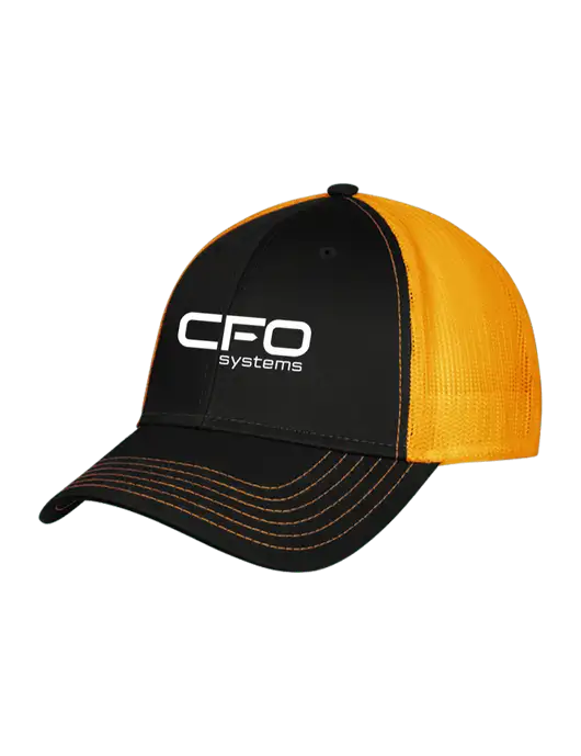Black/Black/Gold Mesh Gold Stitching on Bill Trucker Cap Snap Back

 w/CFO Systems Logo