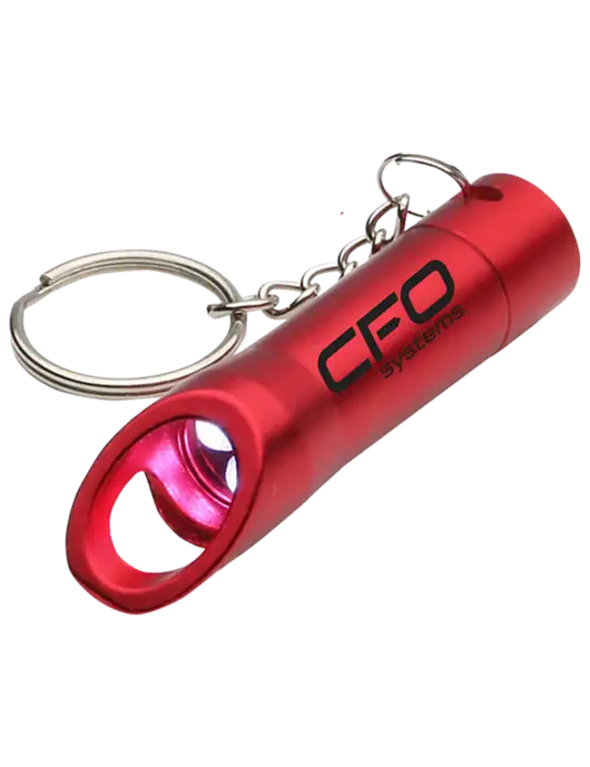 Red Pocket LED Flashlight with Bottle Opener & Keychain w/CFO Systems Logo