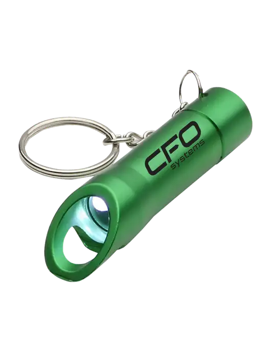 Medium Green Pocket LED Flashlight with Bottle Opener & Keychain w/CFO Systems Logo