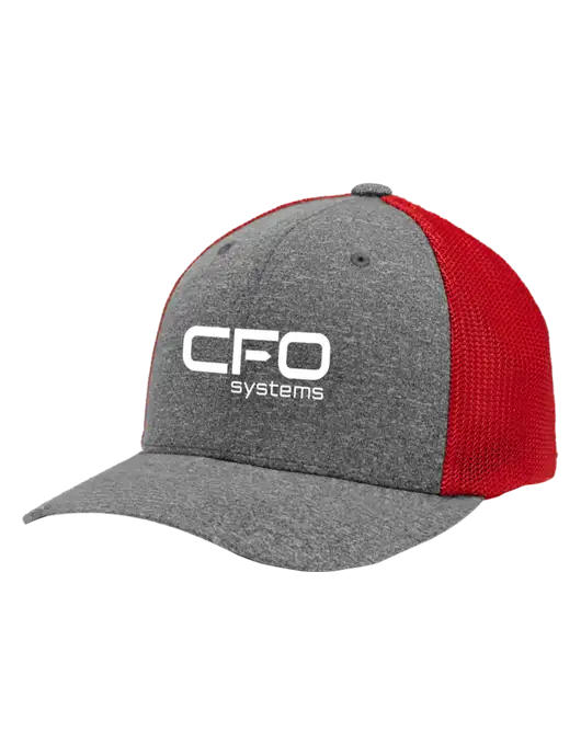 Flexfit Red/Medium Grey Heather Melange Mesh Back Trucker Cap w/CFO Systems Logo
