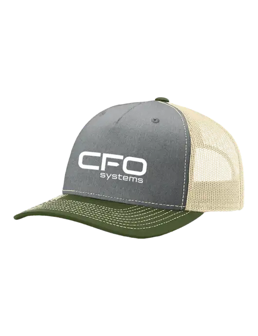 Richardson Five-Panel Trucker Olive/ Light Grey Heather w/Tan Mesh Cap  w/CFO Systems Logo