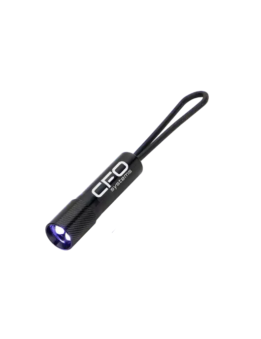 Mini Black LED Flashlight with Silicone Loop w/CFO Systems Logo